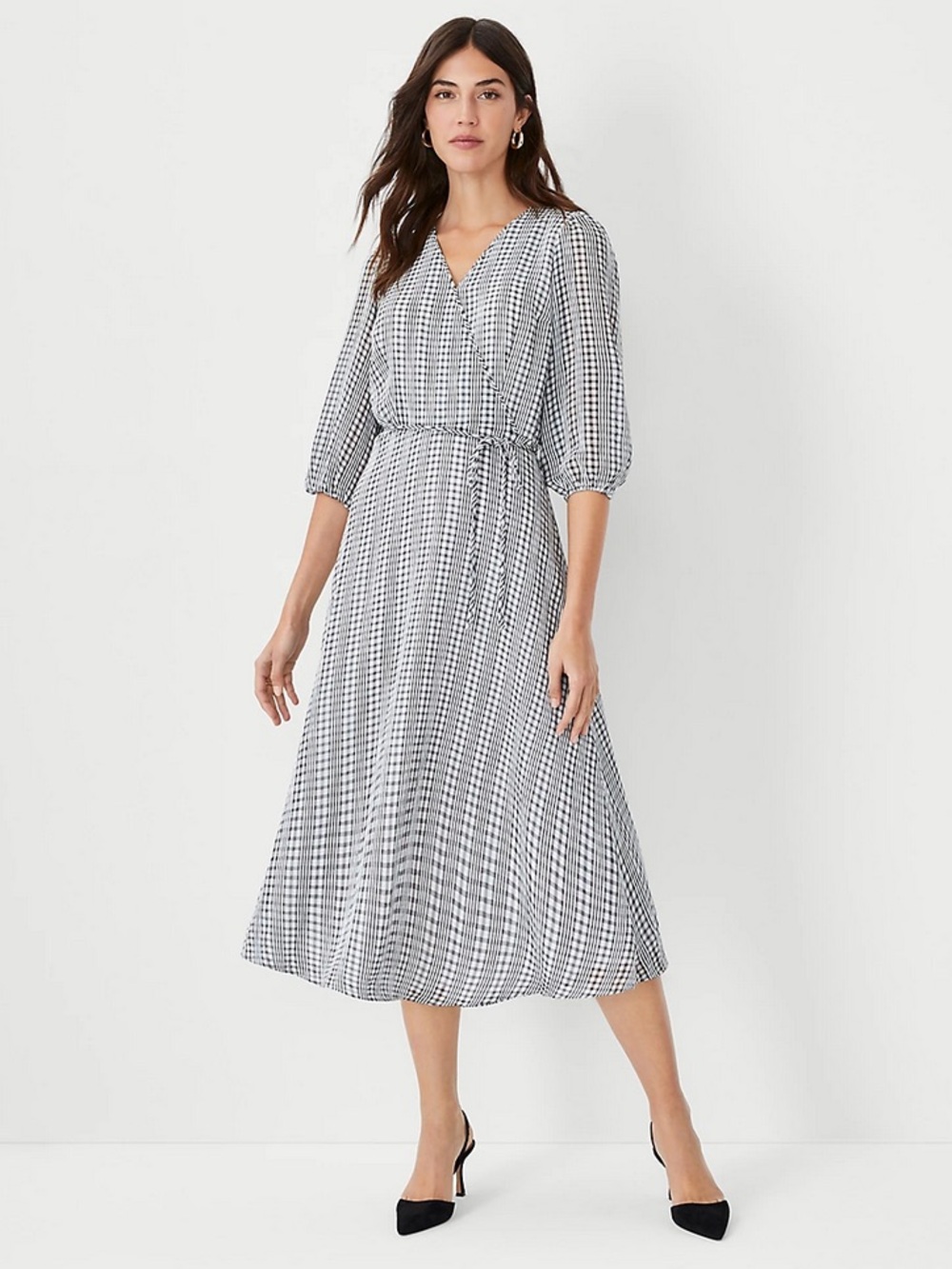Ann Taylor Women's Black & White Gingham Wrap Midi Dress Size 2